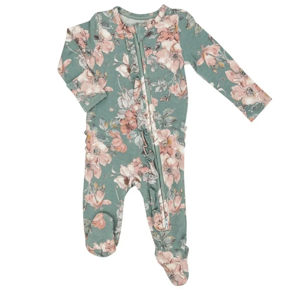 Angel Dear Woodrose Floral Two-Way Ruffle Zipper Footie